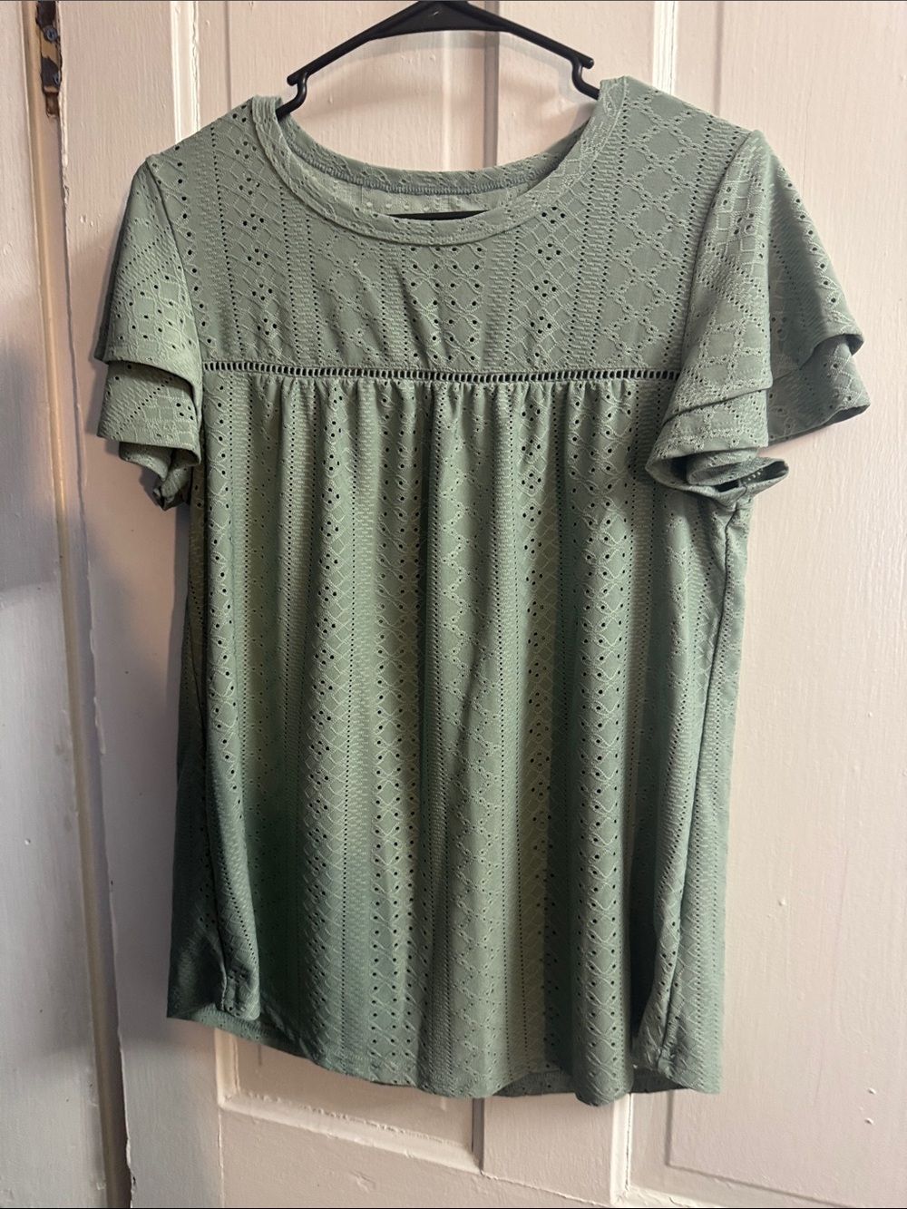 Amazon Eyelet Flutter Sleeve Top - Sage Green